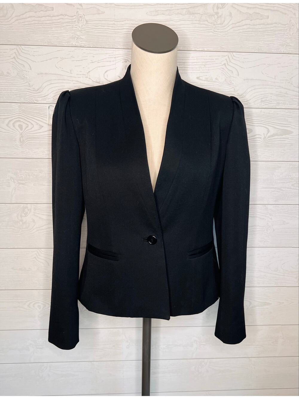 Sakowitz Vintage 80s Wool Crop Blazer Black Structured Jacket Sz 10